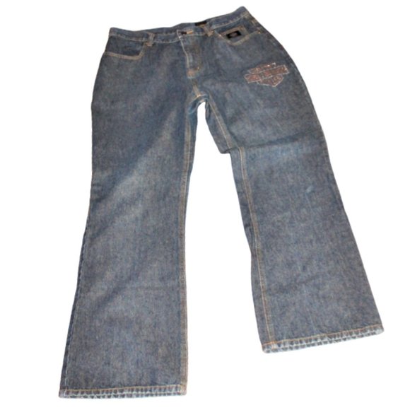 Harley Davidson Classic Blue Wash Logo Studded Boot/Flare Jeans, Size 12 - Picture 5 of 10